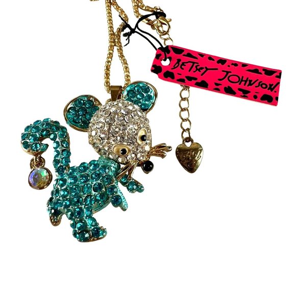 Betsey Johnson Teal Crystal Mouse Pendant Necklace Gold Chain - Picture 1 of 2